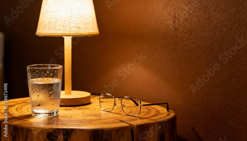 Cozy evening still life on a rustic wooden bedside table. A glass of cold water, reading glasses, and a warm lamp create a tranquil and relaxing atmosphere for a bedtime routine.