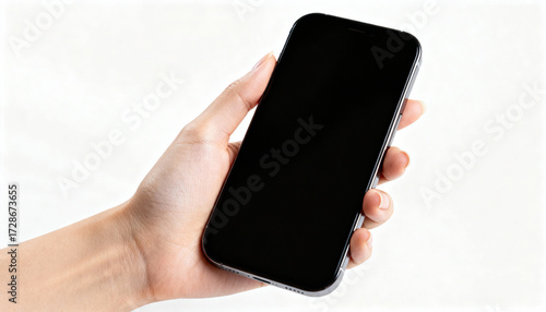 Close-up of woman hand holding and using modern smartphone isolated on white background, technology device for communication and social connection concept