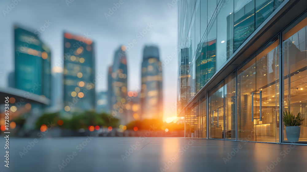Fototapeta premium Captivating urban landscape with modern buildings reflecting vibrant hues of sunset, creating a dynamic city atmosphere.