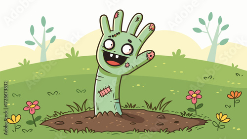 A Cartoon Zombie Hand Rises Cheerfully From The Earth Amid Flowers