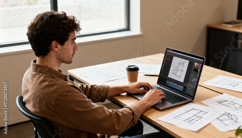 Creative male architect or designer working on a technical drawing on a laptop in a modern office. Focused professional engineering a project with blueprints. Design and technology.