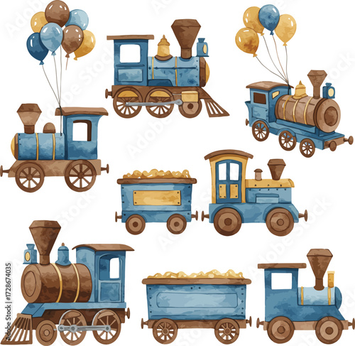 Charming vintage trains and balloons for children's party decor and craft projects