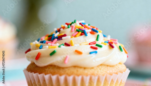 Close-up of a vanilla cupcake with white frosting and colorful rainbow sprinkles. Concept for birthday party, celebration, bakery, sweet treat, dessert, and confectionery.