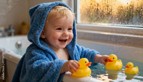 Adorable caucasian baby with a joyful smile taking a bath. Toddler in a cozy blue hooded robe playing with rubber duck toys in the water on a rainy day. Childhood hygiene.