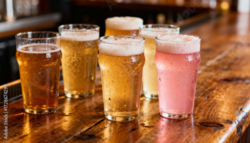 Variety of colorful hard ciders served in frosty pint glasses with foam on wooden bar counter, refreshing alcoholic beverages, craft cider selection