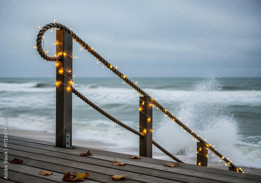 Obraz premium coastal walkway leading to sandy shore with rustic rope fence and twinkling fairy lights