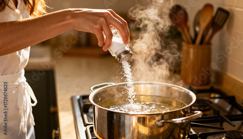 Woman adding salt to boiling water in stainless steel pot while cooking in home kitchen with steam and cooking utensils