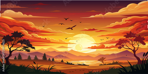 The Perfect End of the Day: At the Edge of a Golden Horizon.
Experience serenity as day turns to night. Captivating illustrations transport you to a savannah where the sun is shining its last rays.
