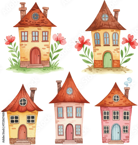 Charming watercolor houses collection featuring whimsical architecture and floral accents