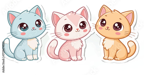 Three Cute Cartoon Kittens Sit Side By Side With Big Eyes And Adorable Charm