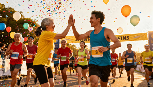 Happy diverse group of runners celebrating at marathon finish. Man and woman high-five under confetti. Concept teamwork, success, achievement, healthy active lifestyle, community spirit.