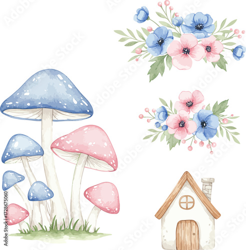 Whimsical watercolor mushrooms delicate flowers and a charming tiny house for fantasy themes