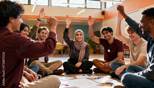 Diverse team in a bonding activity. Happy students, including a Muslim woman in a hijab, raise hands in agreement. Concept for collaboration, inclusion, education, and success.