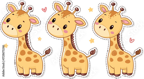 Three Cartoon Giraffe Characters Stand Cheerfully With Heart And Star Accents