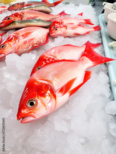 Fresh red pargo fish on ice at a seafood market