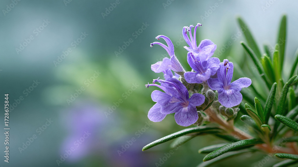 Fototapeta premium Delicate purple blossoms bloom on a sprig of rosemary, framed by soft green needles against a serene, blurred background. Evokes natural beauty, freshness, and culinary arts.