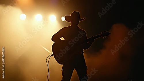 Silhouette of country singer in cowboy hat performing with guitar on stage at night