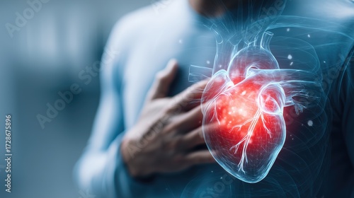 3D human heart anatomy with man holding chest, concept of cardiology, heart attack or medical emergency