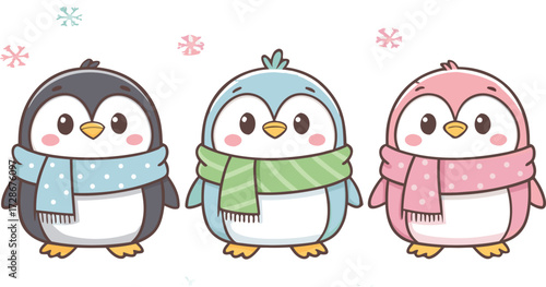 Three Cute Cartoon Penguins Stand Cheerfully Wearing Colorful Polka Dot Scarves
