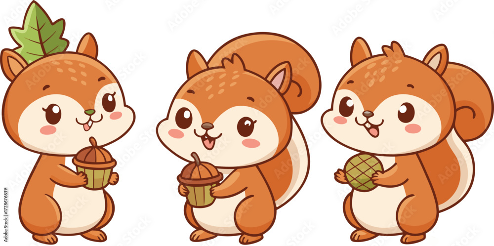 Fototapeta premium Three Happy Cartoon Squirrels Holding Acorns With Playful Cheerful Style