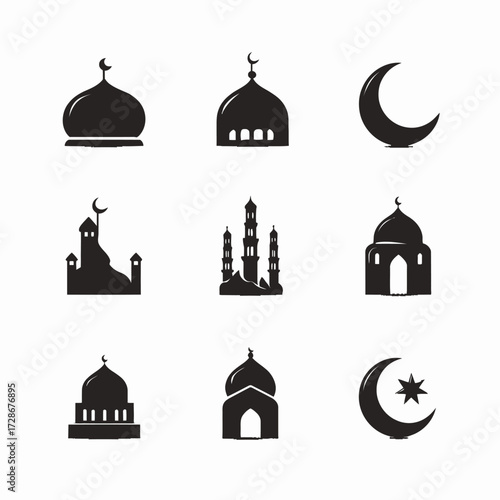 Silhouette illustration of several mosques and crescent moon designs in a 3x3 grid