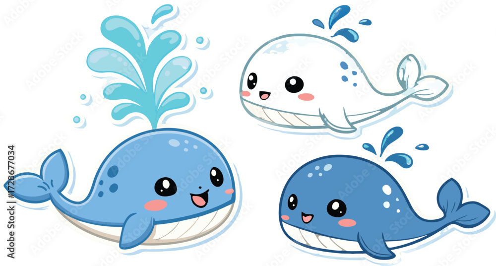 Fototapeta premium Three Cute Cartoon Whales Spouting Water Cheerful Bright On A White Backdrop
