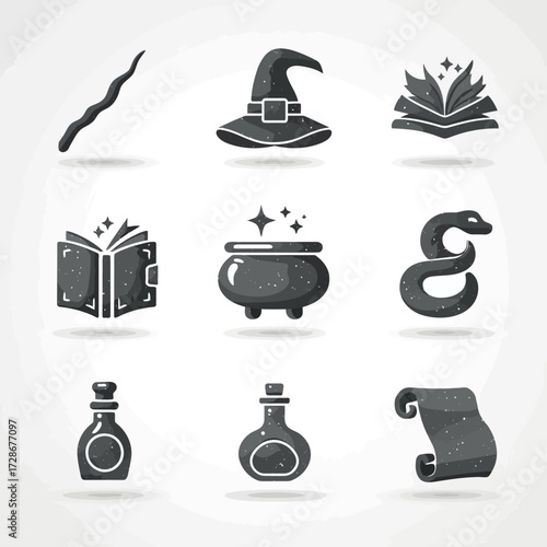 Nine icon image featuring witchy items in gray with rough textured details