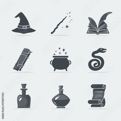 Vector set of nine dark grey scale magic/witchcraft icons on a light grey background