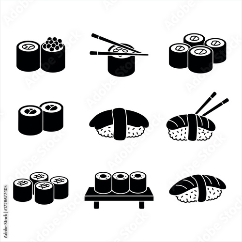 A simple black and white sushi icon set featuring maki rolls and nigiri with chopsticks. Clean and minimal designs suitable for Japanese restaurant branding, menus, apps, or food illustrations
