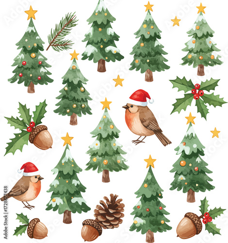 Charming christmas trees birds acorns holly berries festive holiday collection elements