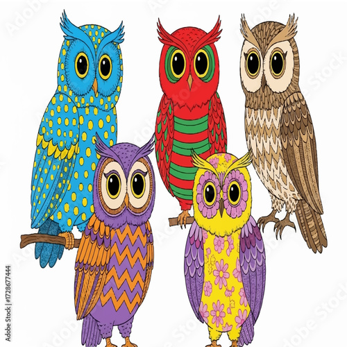 A group of owls—nocturnal birds with striking eyes and detailed feathers—perched together in natural forest habitat