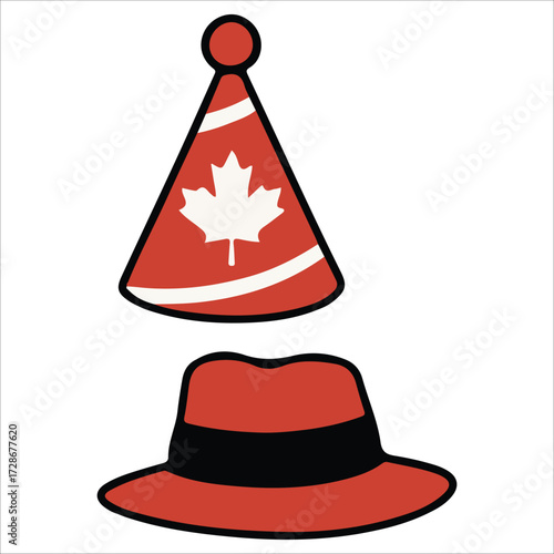 Canada Day Party Hat Illustration with Red Maple Leaf Decoration