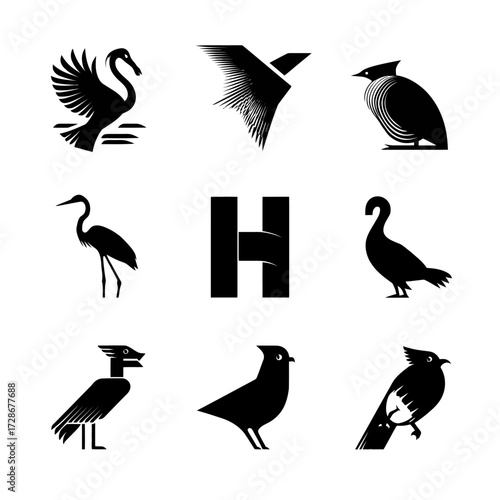Black silhouettes of various birds and a stylized H