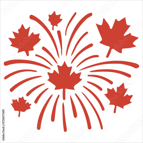 Canada Day Fireworks Illustration in Red and White Maple Leaf Style