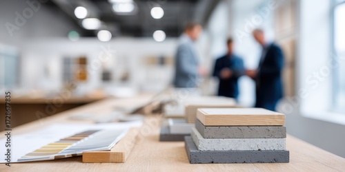 Close-up view of various material samples including wood and concrete on a wooden table, with blurred professionals discussing design concepts in the background