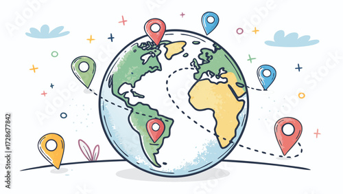 Cartoon Globe Illustration Showing Global Connections With Colorful Map Pins
