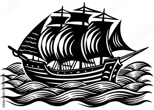 Ship Sailing Through Waves Silhouette, Columbus Day Ocean SVG, PNG