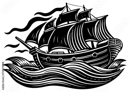 Ship Sailing Through Waves Silhouette, Columbus Day Ocean SVG, PNG