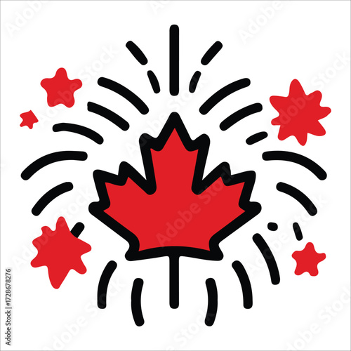 Canada Day Fireworks Burst Illustration with Maple Leaf Explosion