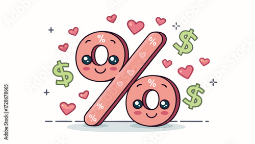 An Appealing Percentage Sign Cartoon Surrounded By Hearts And Dollar Signs Art