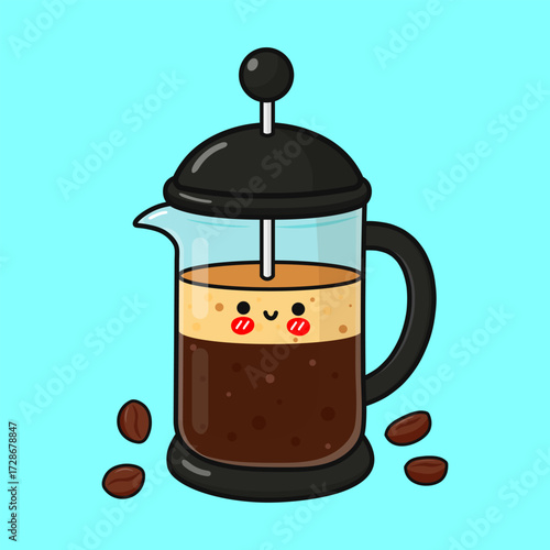 Happy french press coffee cartoon character serving hot beverage