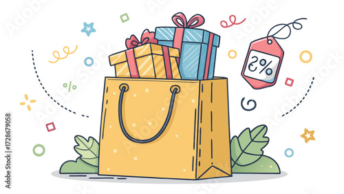 Stylized Shopping Bag Filled With Presents And A Discount Tag Whimsical Art