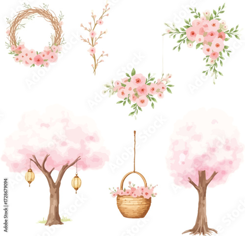 Charming watercolor spring floral elements and trees for delicate designs and decorations