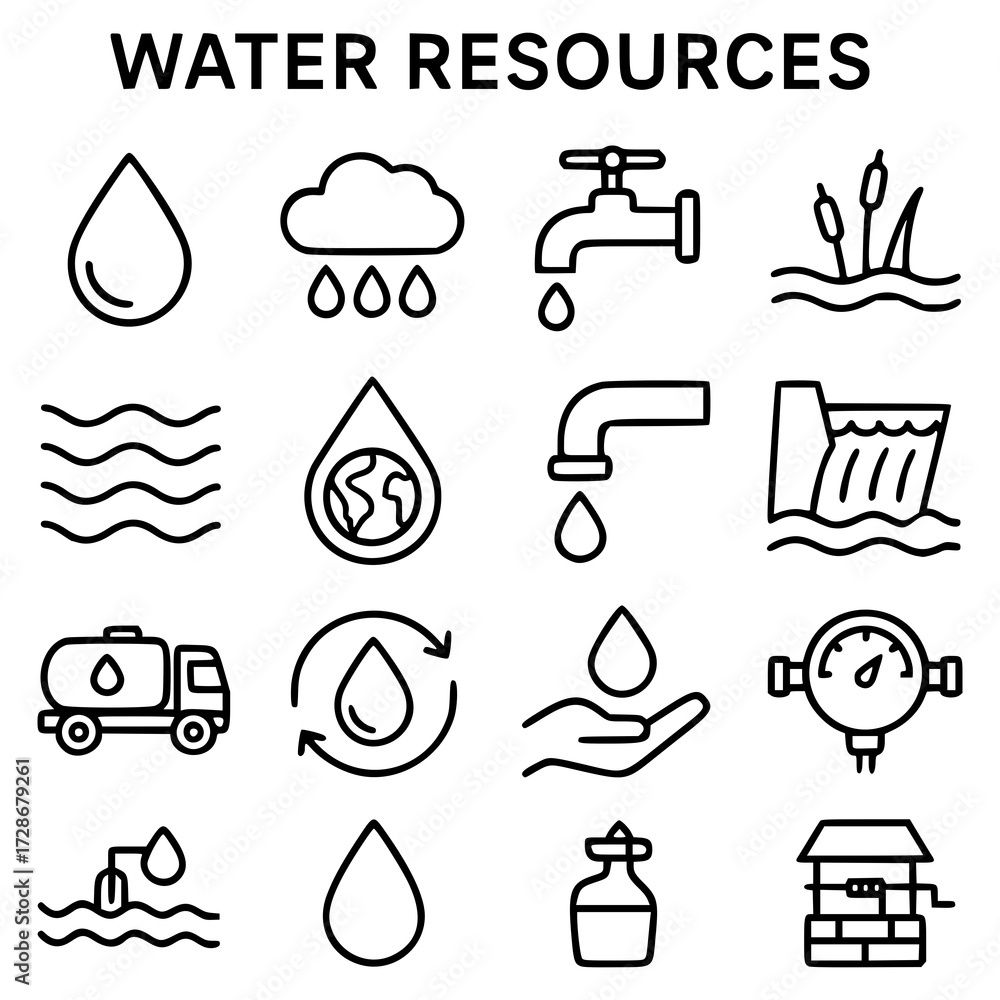 Fototapeta premium Set of sixteen water resource icons in black outline style. Includes a water drop