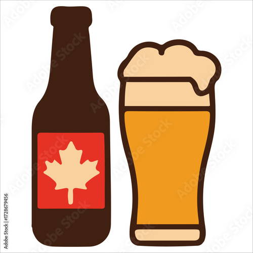 Canada Day Beer Glass and Bottle Illustration with Maple Leaf Accent