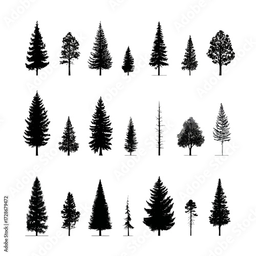 Illustration of black silhouette trees of varying types and shapes on a white background