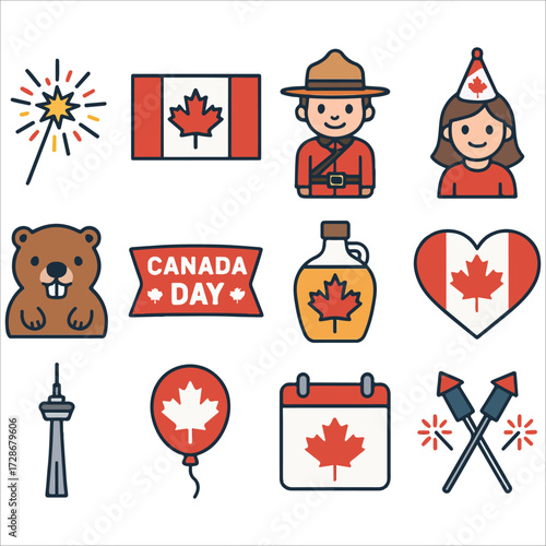 Canada Day Celebration Icon Set Illustration with Mountie, Balloons, and Maple Leaf