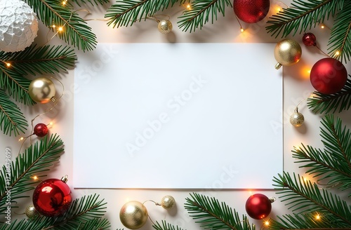 Christmas frame made of fir branches and decorations. In the middle lies a blank sheet of paper. Space for text