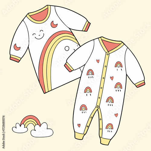 Vector art displays two white baby onesies with rainbow designs, intended for use as a design element. Accompanying the onesies is a separate illustration of a rainbow emerging from fluffy white cloud
