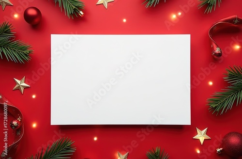 Christmas frame made of fir branches and decorations. In the middle lies a blank sheet of paper. Space for text